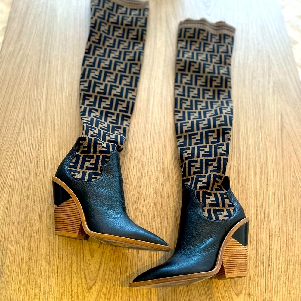 100% AUTHENTIC FENDI FF COWBOY OVER-THE-KNEE SOCK BOOTS IT39